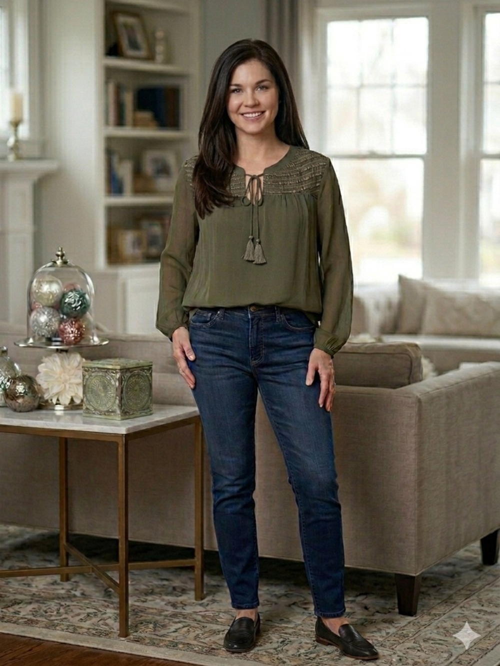 Chico’s Embroidered Yoke Soft Popover Long Sleeve Blouse Olive Green 3X NWT
